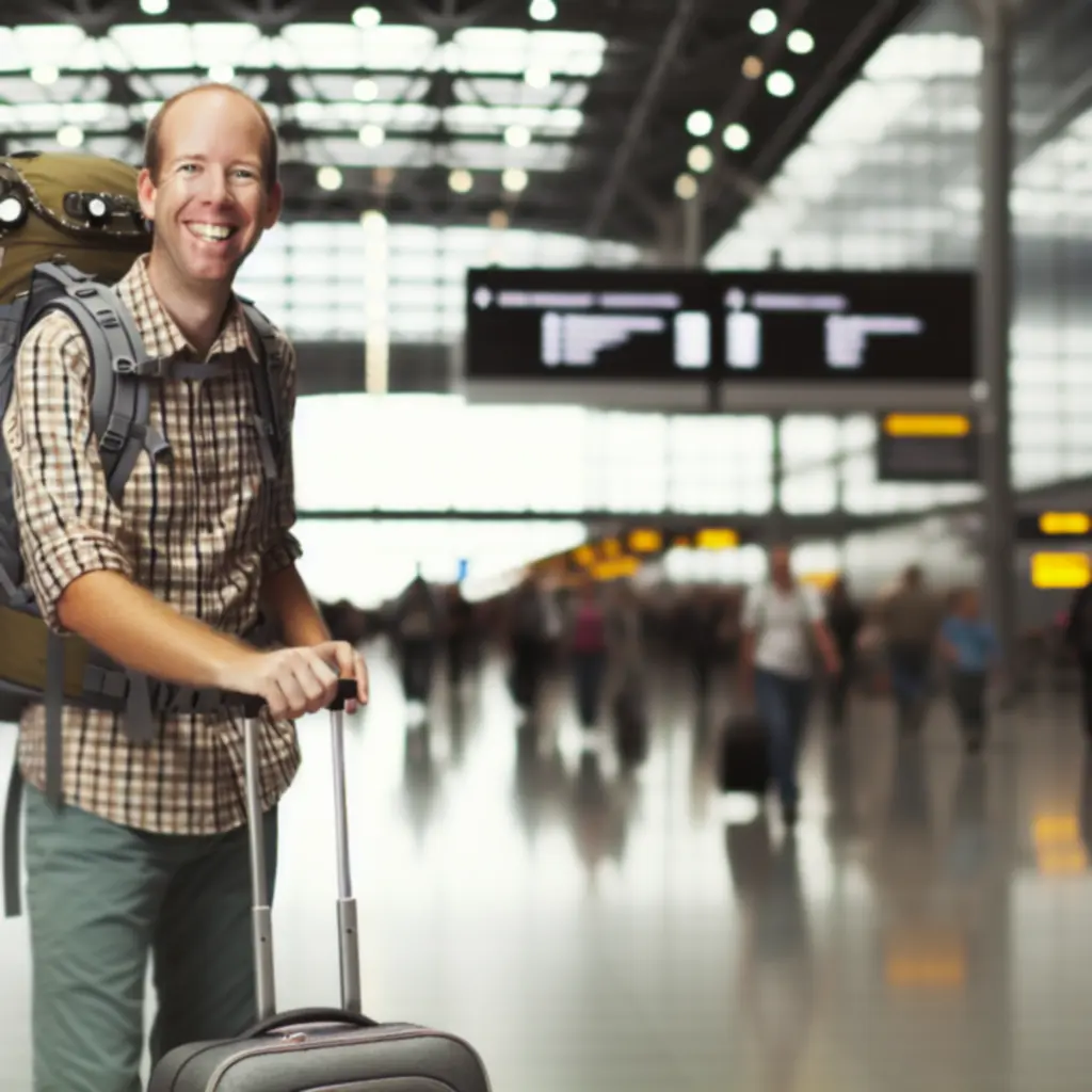 Podróżnik z plecakiem traveelgear na peronie dworca