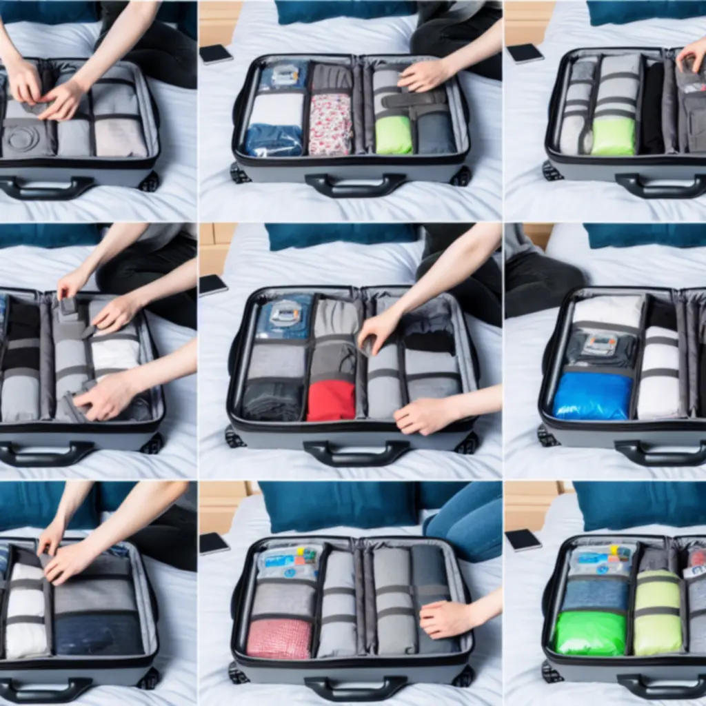 Ułożone organizery i kostki kompresyjne w otwartej walizce