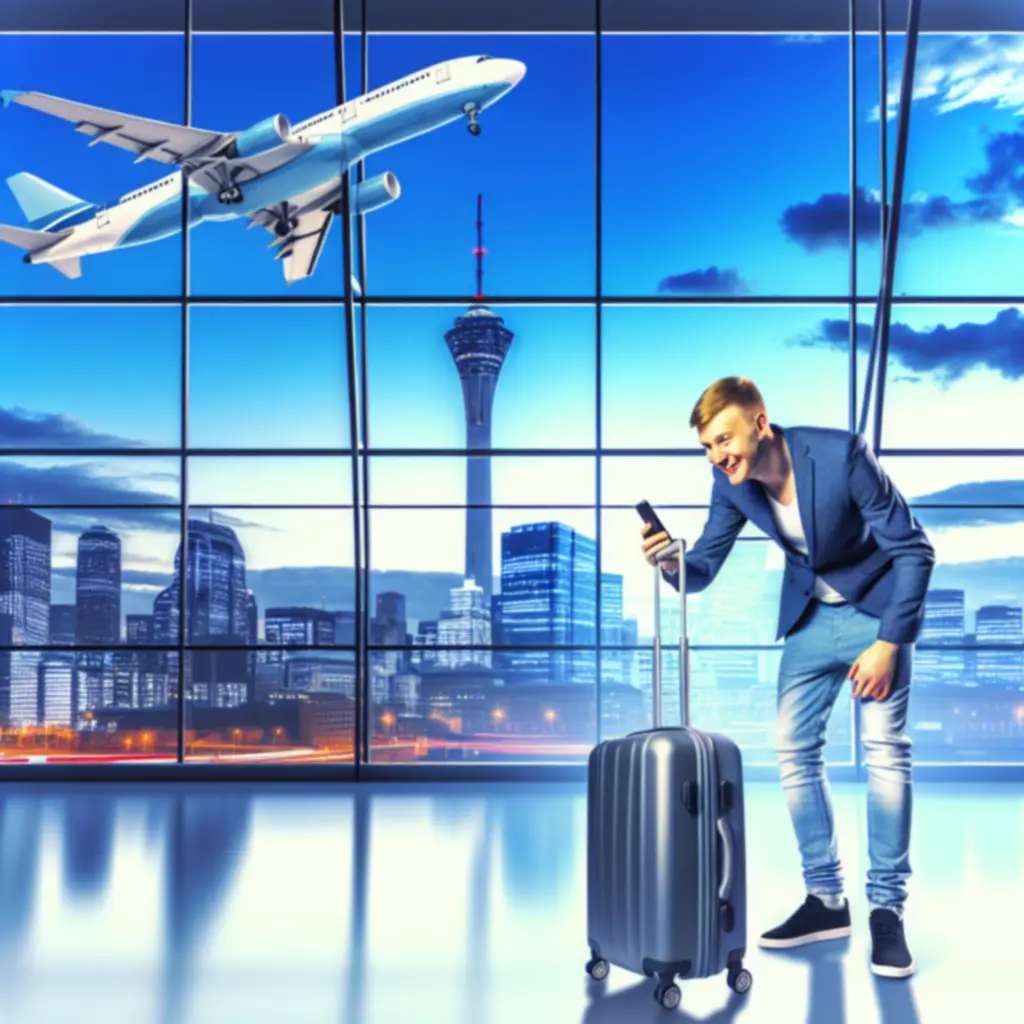 Zadowolona podróżniczka z walizką na lotnisku
