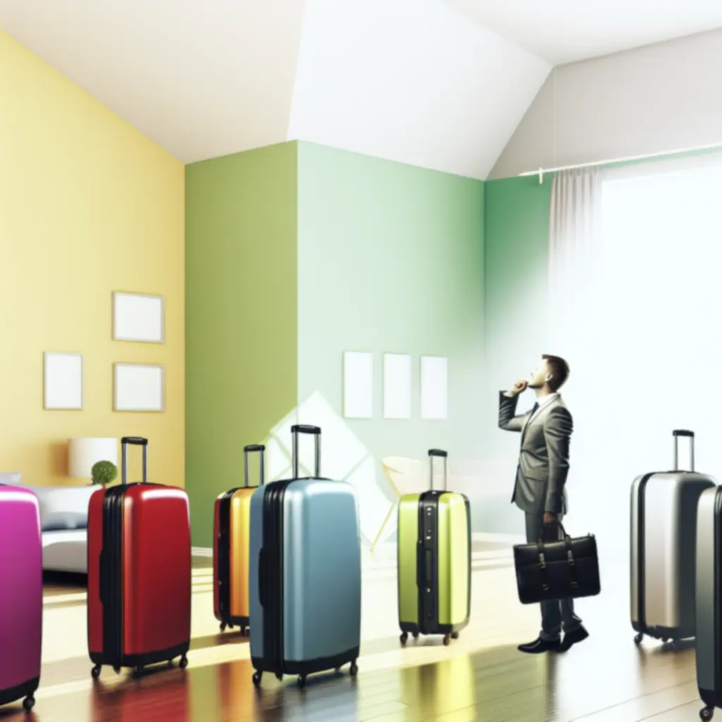 Rząd starannie ustawionych walizek podczas wyboru idealnego bagażu na podróż