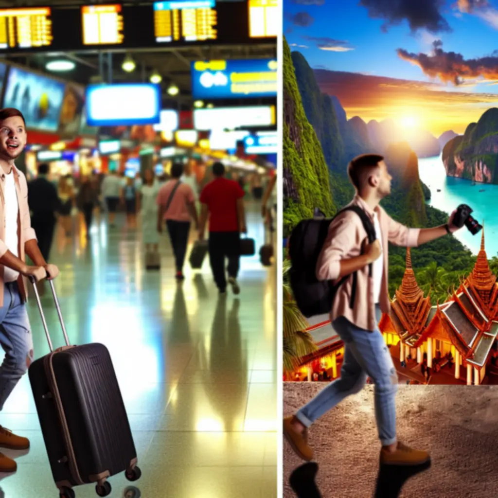 Walizka  traveelgear ciągnięta przez lotnisko oraz plecak w terenie